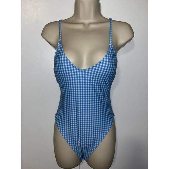 Double Zero Blue Gingham One-Piece High Cut Swimsuit Women’s Medium M 6-8 - Picture 1 of 7